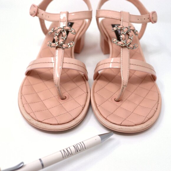 Chanel 37.5 T Strap Thong Sandals Light Pink 23C Chain CC - Picture 7 of 12